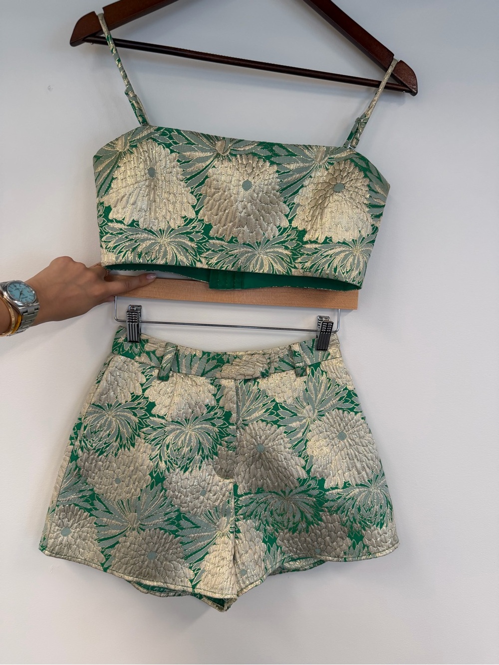 Green & Gold Floral Brocade Two-Piece Set (dm if interested in only top/bottom)